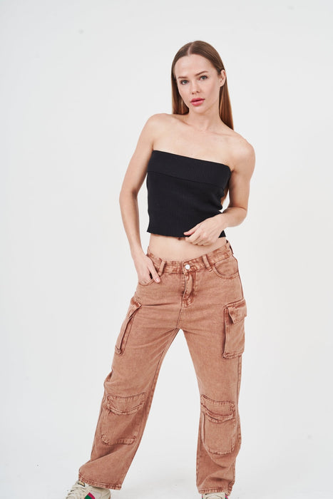 Vibrant Flare Cargo Pants from H Apparel - Stylish woman in black top and cargo pants