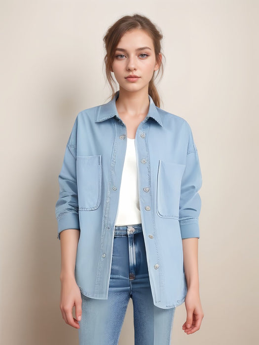 Classic Button - Down Denim Shirt - Casual Chic Chambray Blouse - H ApparelM1018SD - 1