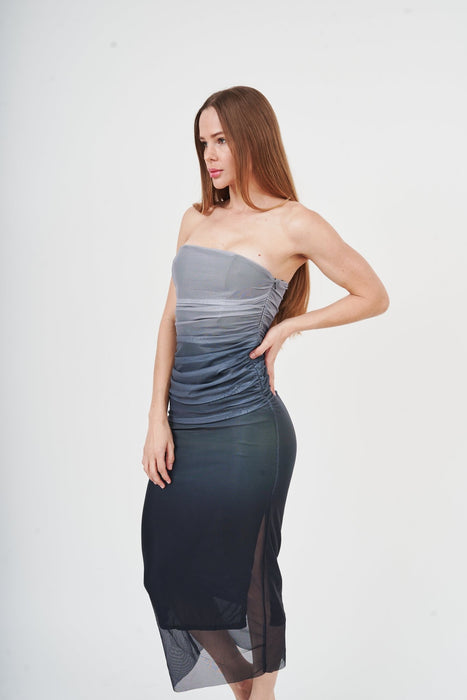 Elegant ombre midi dress with strapless design, featuring a graceful gradient from light to dark gray.