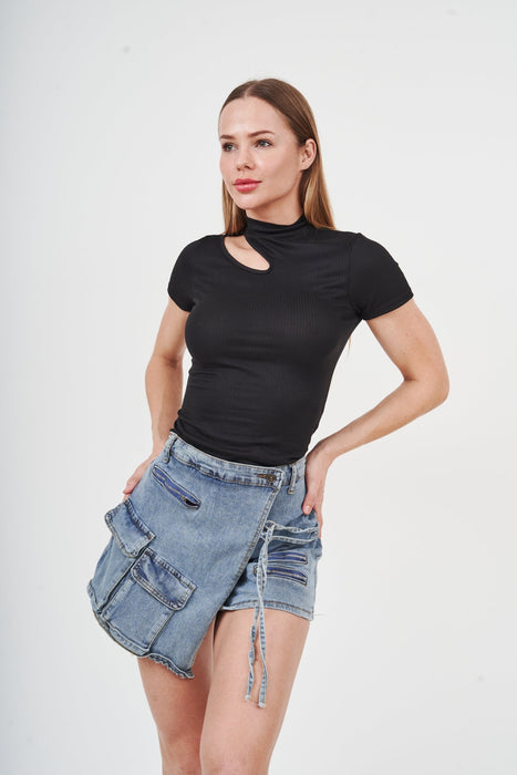 Stylish Denim Shorts with Distressed Accents - Fashionable woman wearing cut-out black top and denim shorts from H Apparel