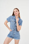 Stylish denim romper with puff sleeves for a casual, trendy look