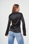 Elegant Long-Sleeve Satin Blouse by H Apparel
A sophisticated black satin blouse with a flattering silhouette, perfect for any occasion.