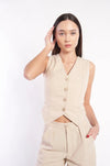 Chic Drawstring Relaxed-Fit Linen Vest by H Apparel - Elegant casual outfit with neutral tones, featuring a buttoned linen vest and matching pants.