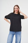 Elegant women's black relaxed fit crewneck t-shirt by H Apparel, featuring puff sleeves with cutouts for a stylish touch.