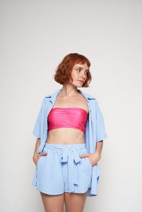 Stylish chambray shorts and crop top by H Apparel, featuring a trendy pink accent.