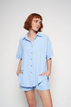 Casual chambray button-down shirtdress by H Apparel, featuring a relaxed fit and short sleeve design for comfortable everyday wear.