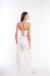 Elegant linen crop top with a chic crisscross back design by H Apparel, showcasing a stylish and modern look.