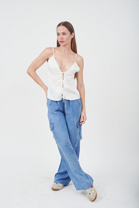 Elegant Satin Top and Cargo Pants: Effortlessly Stylish Fashion