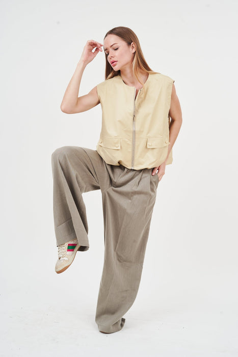 Stylish women's utility jacket and vest set from H Apparel, featuring a versatile design in a neutral color palette.