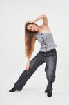 Stylish dance-inspired asymmetric women's gray vest top with bold button details