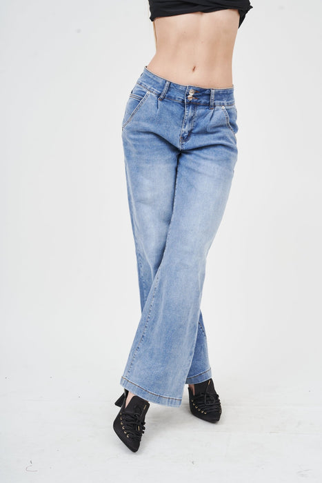 High-rise distressed denim jeans from H Apparel, featuring a flattering fit and trendy worn-in look.