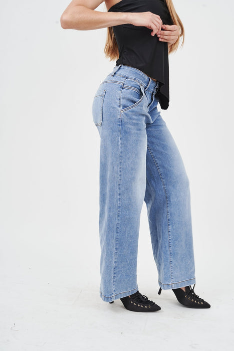 High-rise distressed denim jeans from H Apparel, featuring a relaxed, wide-leg silhouette and stylish rips for a trendy, casual look.