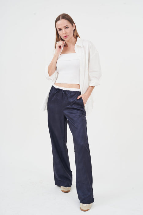 Fashionable wide-leg pinstriped pants with belted waist - H Apparel